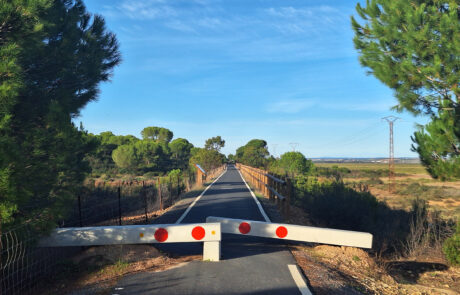 Barrera de hormigón prefabricado en carril bici rodeado de paisaje natural