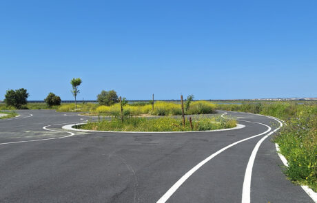 Carril bici con elementos arquitectónicos modernos en un entorno natural